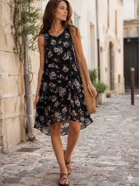 Ella Moss 100% Silk Chiffon Floral Print Sleeveless High Low Midi Dress - Size M